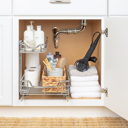 Household Essentials Glidez Multipurpose Chrome-Plated Steel Pull-Out/Slide-Out Storage Organizer for Under Sink or Under Cabinet Use - 2-Tier Design - Fits Standard Size Cabinet or Shelf, Chrome