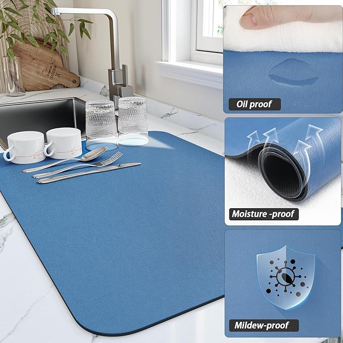 HotLive Dish Drying Mat for Kitchen Counter, Heat Resistant Drainer Mats with Non-slip Rubber Backed, Hide Stain Kitchen Super Absorbent Draining Mat, Easy to Clean Dish Rack Pad, Blue 16"x20" - Image 3