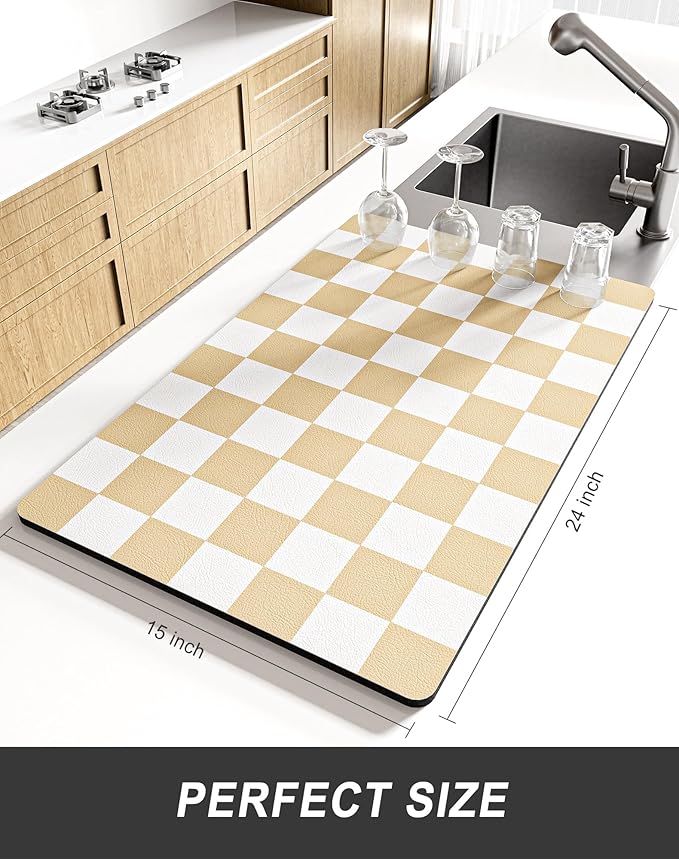 Rnivvi Dish Drying Mat for Kitchen Counter, XL 15 x 24" Cute Checkered Absorbent Draining Pad, Non-Slip Heat Resistant Coffee Bar Mat for Coffee Machine Station Accessories, Beige White Dish Rack Pad - Image 2