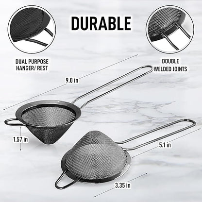Zulay Kitchen 304 Stainless Steel Fine Mesh Strainer For Kitchen - Sieve Sifters For Food, Tea, Rice, Oil, Noodles, Fruits, Vegetables - Rust-Proof, Easy to Clean Drink Strainer (Black)