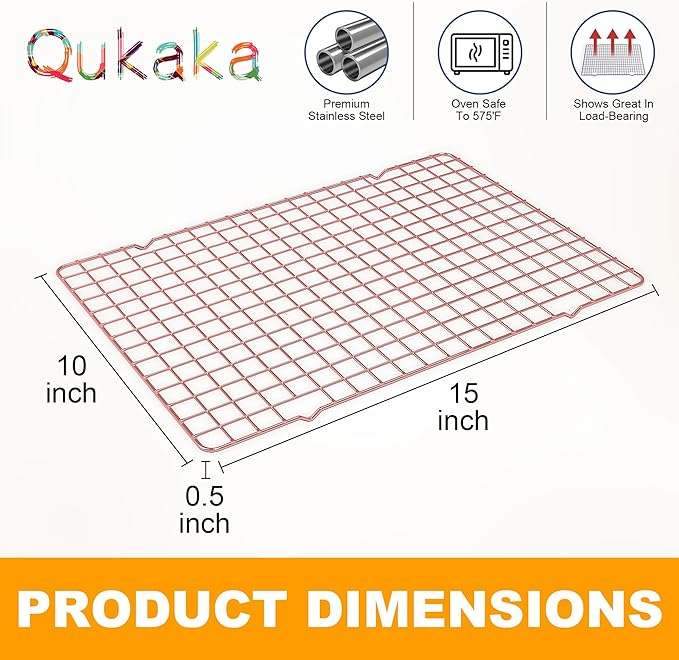 2-Pack Cooling Racks for Cooking and Baking - 10" x 15"Heavy Duty Stainless Steel Wire Rack for Baking, Grilling, Roasting - Oven & Dishwasher Safe - Fits Jelly Roll Sheet Pan（Rose Gold） - Image 6