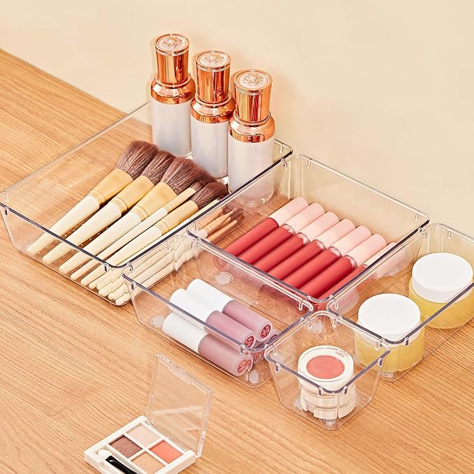 SMARTAKE 22-Piece Drawer Organizer with Non-Slip Silicone Pads, 5-Size Clear Desk Drawer Organizer Trays Storage Tray for Makeup, Jewelries, Utensils in Bedroom Dresser, Office and Kitchen, Clear - Image 2
