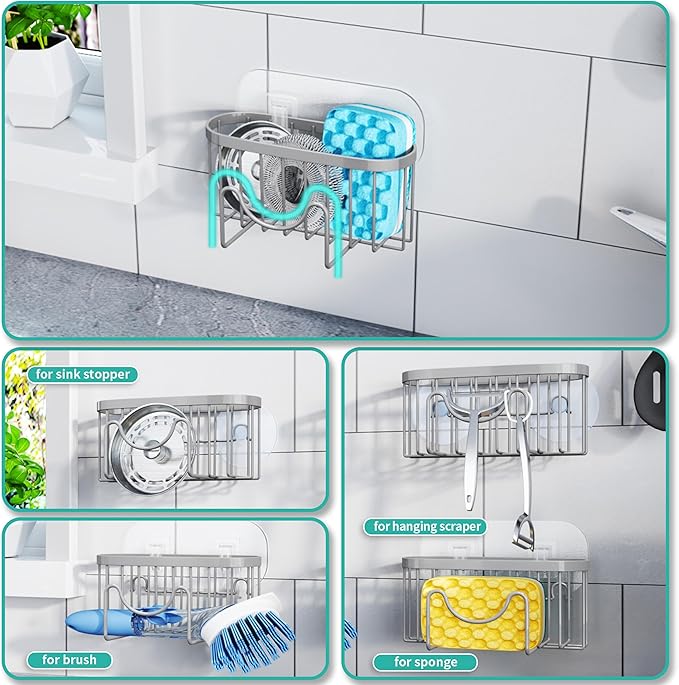 HapiRm Sponge Holder for Kitchen Sink - Sink Caddy with Unique M-Shaped, 2 Installation Methods Kitchen Organizer, Rustproof Stainless Steel Sponge Caddy - Grey - Image 2