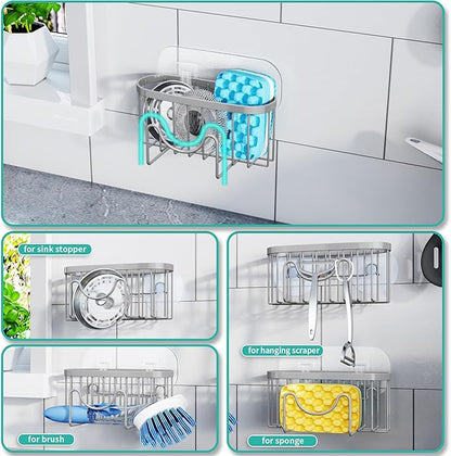 HapiRm Sponge Holder for Kitchen Sink - Sink Caddy with Unique M-Shaped, 2 Installation Methods Kitchen Organizer, Rustproof Stainless Steel Sponge Caddy - Grey - Image 2