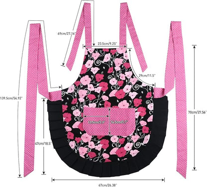 G2PLUS Cotton Kitchen Apron with Pocket, Adjustable Cooking and Baking Apron for Women, Floral Chef Apron for BBQ, Housewarming Gift, Farmhouse Kitchen Decor (Pink + Black)