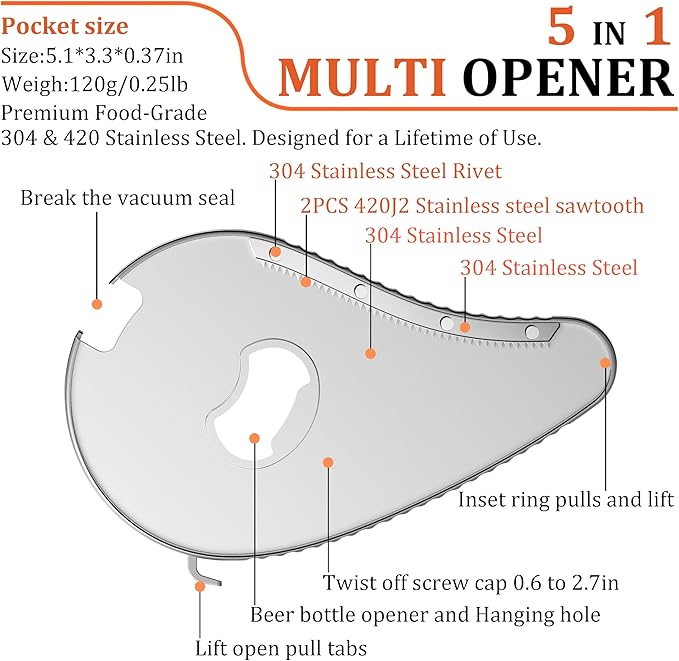 Uinxan Bottle Opener for Weak Hands & Seniors with Arthritis–5 in 1 for Vacuum Seals, Soda, Small Jar Lids(0.6"-2.7"), Beer Caps, Pull Tabs–Multifunction Portable Tool for Elderly/Women/Men (Silver)