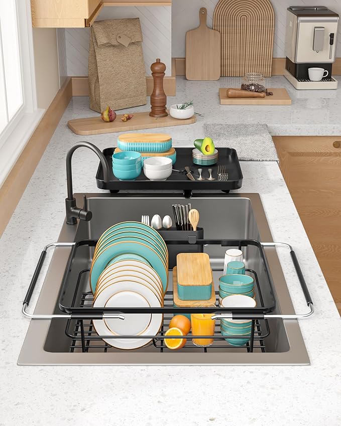 Sakugi Extendable Dish Drying Rack Over Sink with Dish Drainer, Sink Organization and Storage Essentials with Silverware & Utensil Holder, Home and Apartment Decor, 12" W x 16.1~23" L, Black - Image 6
