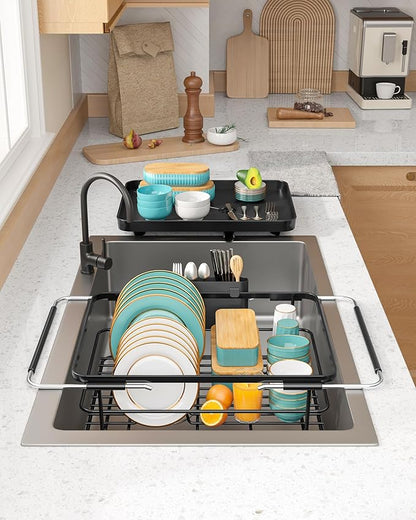 Sakugi Extendable Dish Drying Rack Over Sink with Dish Drainer, Sink Organization and Storage Essentials with Silverware & Utensil Holder, Home and Apartment Decor, 12" W x 16.1~23" L, Black - Image 6