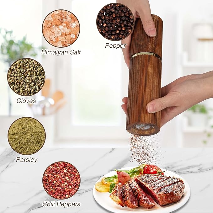 Wooden Pepper Grinder Pepper Mill,Adjustable Coarseness Salt Pepper Grinder Shaker Pepper Grinder Refillable,Acacia Wood Salt Grinder for Your Kitchen - Image 5