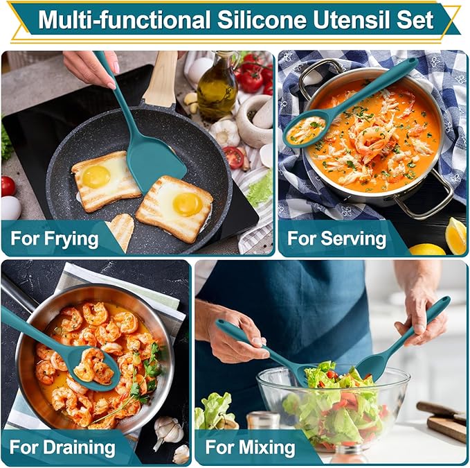 P&P CHEF Kitchen Utensil Set, 4 Pieces Non-stick Silicone Cooking Utensils, Heat-resistant Slotted Solid Spoon Turner for Frying, Mixing, Serving, Non-toxic & Easy to Clean, Blue - Image 5