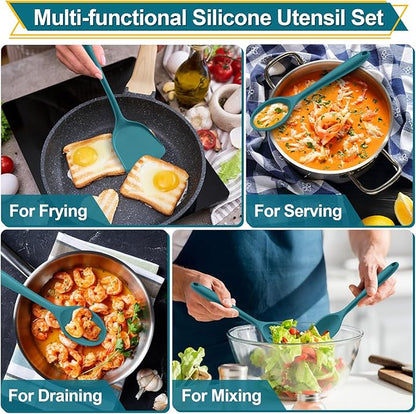 P&P CHEF Kitchen Utensil Set, 4 Pieces Non-stick Silicone Cooking Utensils, Heat-resistant Slotted Solid Spoon Turner for Frying, Mixing, Serving, Non-toxic & Easy to Clean, Blue - Image 5