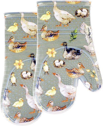 Oven Mitts Set of 2 with Transparent Clear Silicone Shell and Nice Duck Printing Cotton Lining, Heat Resistant to 500 F Kitchen Oven Gloves Pot Holder for Cooking (Wathet Blue, Oven Mitts) by REDLMLDETA