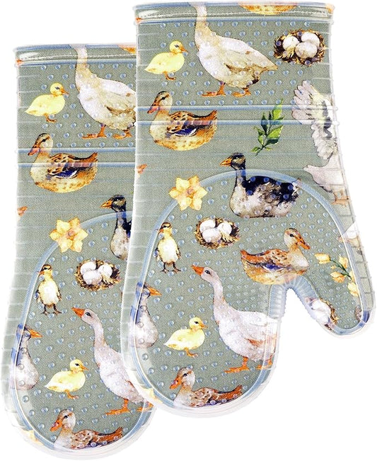 Oven Mitts Set of 2 with Transparent Clear Silicone Shell and Nice Duck Printing Cotton Lining, Heat Resistant to 500 F Kitchen Oven Gloves Pot Holder for Cooking (Wathet Blue, Oven Mitts) by REDLMLDETA