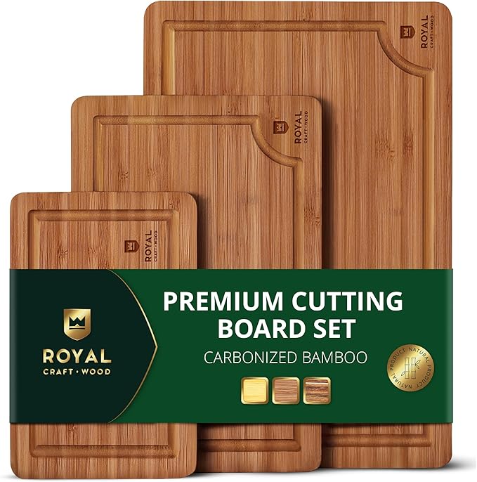ROYAL CRAFT WOOD Wooden Cutting Boards for Kitchen Meal Prep & Serving - Bamboo Wood Serving Board Set with Deep Juice Groove Side Handles - Charcuterie & Chopping Butcher Block for Meat by RoyalCraftWood