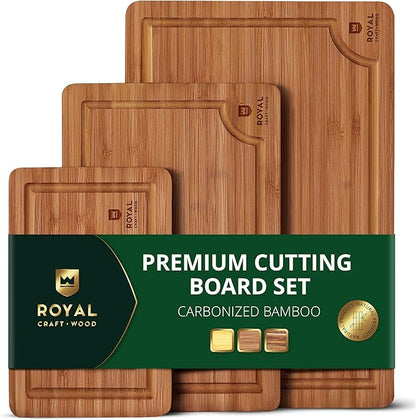 ROYAL CRAFT WOOD Wooden Cutting Boards for Kitchen Meal Prep & Serving - Bamboo Wood Serving Board Set with Deep Juice Groove Side Handles - Charcuterie & Chopping Butcher Block for Meat by RoyalCraftWood