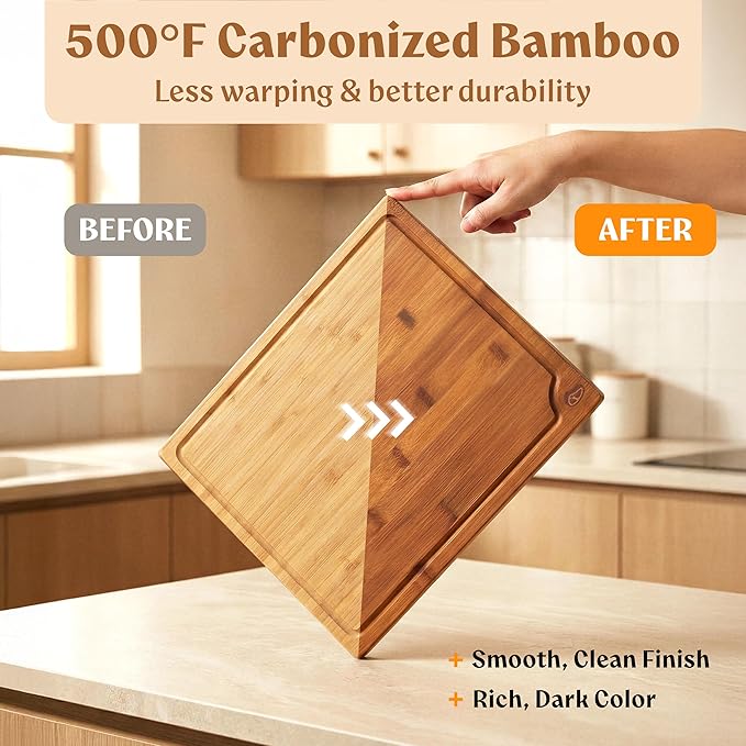 EDELHAUS Carbonized Bamboo Cutting Boards – Cutting Board Set of 3 Heat Treated for Rich Color & Lower Moisture Absorption, Chopping Boards with Juice Groove, Non-Toxic, FSC Certified incl. Stand