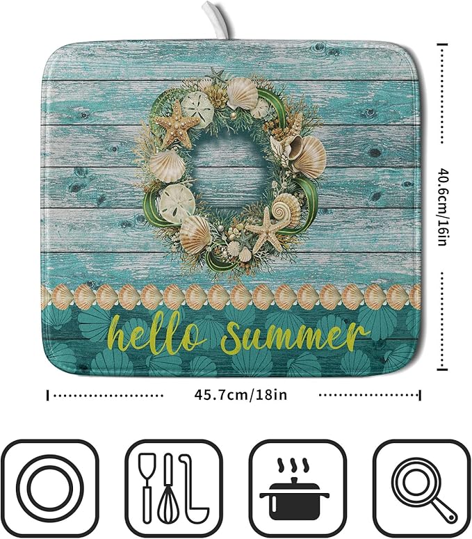 Hello Summer Dish Drying Mat for Kitchen Counter,Sea Shell Starfish Coastal Wreath Drying Mat 16 x 18 Inch with Absorbent Reversible Microfiber Drying Pad for Coffee Bar - Image 2