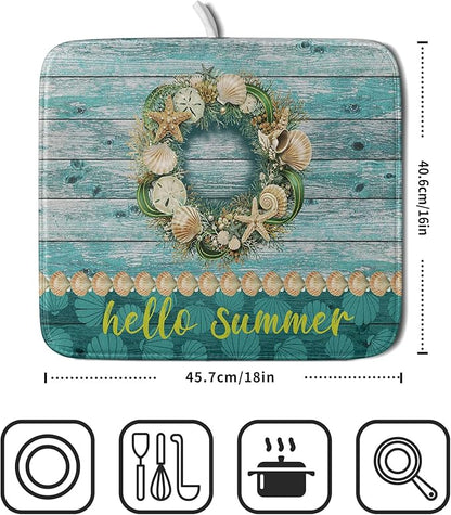 Hello Summer Dish Drying Mat for Kitchen Counter,Sea Shell Starfish Coastal Wreath Drying Mat 16 x 18 Inch with Absorbent Reversible Microfiber Drying Pad for Coffee Bar - Image 2