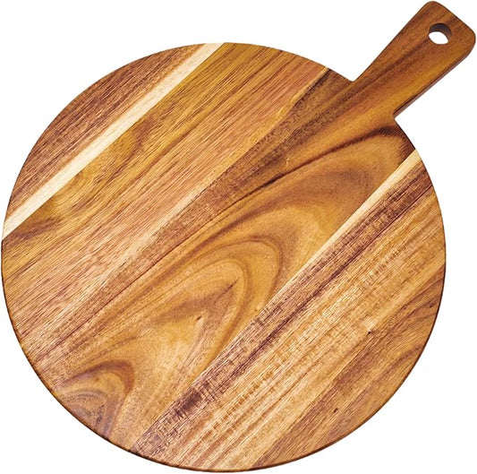 Large Acacia Wood Cutting Board with Handle 17''X13'', Charcuterie Board, Serving Board, Chopping Board for Meat, Cheese, Bread, Vegetables & Fruits (Round) by ZeQi