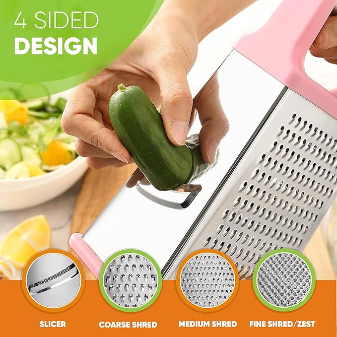 Spring Chef Professional Stainless Steel XL Parmesan Cheese Grater with Handle - 4 Sided Box Grater for Kitchen - Dishwasher Safe Carrot Shredder for Potato, Vegetables, Ginger - Pink Lemonade - Image 6