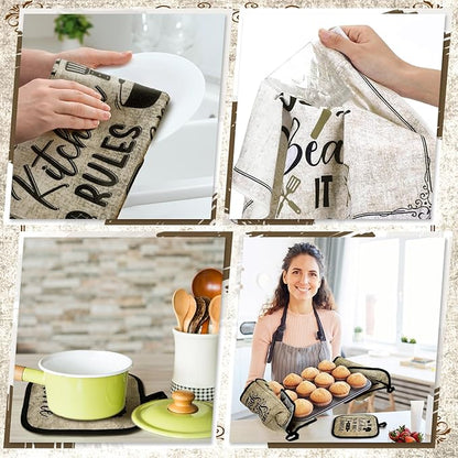 Fourluoo 10 Pcs Attractive Style Kitchen Dish Towels Rugs Oven Mitts and Pot Holders Set Farmhouse Kitchen Decor Set for Women Mom Daughter Gift Cooking Baking Grilling (Rustic Farmhouse)