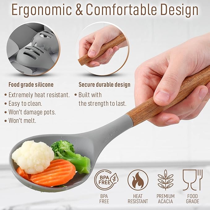 Zulay Kitchen Utensils Set Non-Stick Silicone Cooking Utensils Set with Authentic Acacia Wood Handles - 8 Piece Set - Silicone Kitchen Utensils Set with 464°F Heat Resistance - Gray - Image 7