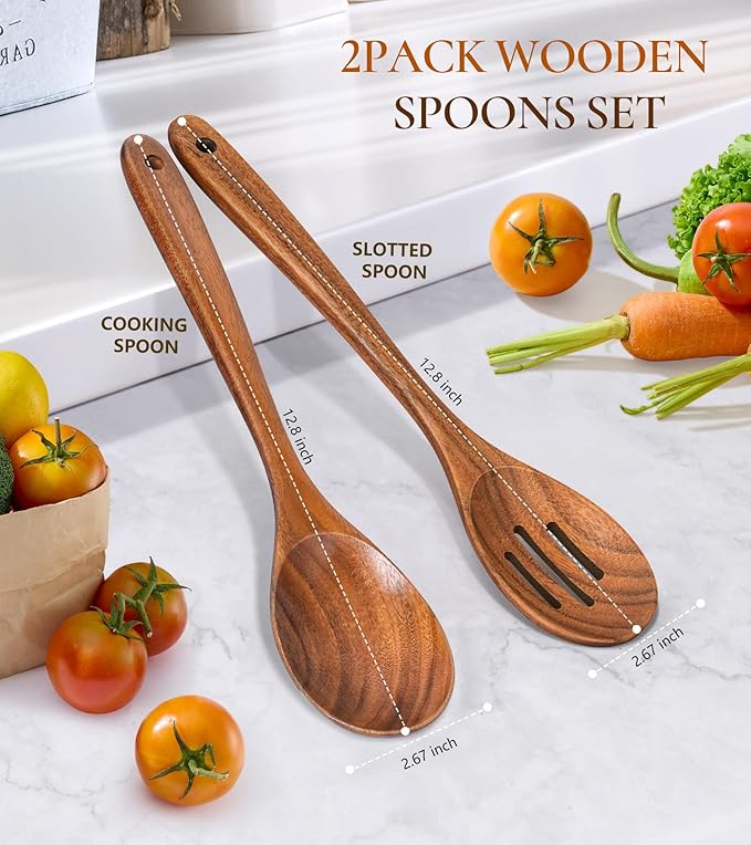 2Pcs Wooden Spoons for Cooking, Natural Premium Teak Wooden Spoon & Slotted Spoon, Good Grip Large Cooking Spoons Spatula, Heat Resistant Wooden Kitchen Cooking Utensils Set for Nonstick Cookware - Image 3