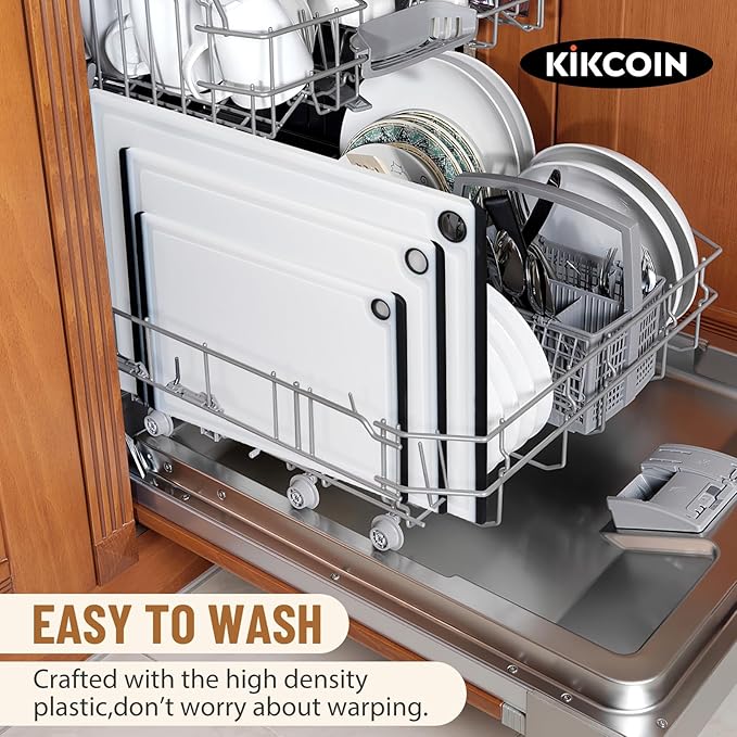Kikcoin Plastic Cutting Boards for Kitchen, 3-Piece Large Cutting Board Set Dishwasher Safe Chopping Boards with Non-slip Feet and Juice Grooves, White - Image 6