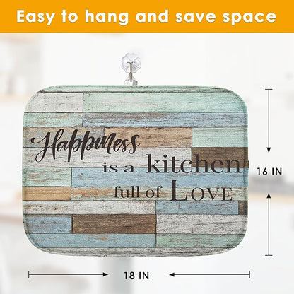 Sanwarm Absorbent Dish Drying Mat, Happiness Is A Kitchen Full of Love Microfiber Pad for Kitchen Counter, Coffee Bar Decor, Heat Resistant and Reversible, 16" x 18"