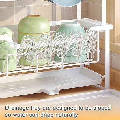 Dish Rack with Drainboard, Organizes Dishes and Bathroom Items for Narrow Spaces, Two-Story Drying Rack Fits 12 Plates 12 Bows 5 Glasses 4 Hooks and Some Cutlery, White - Image 2