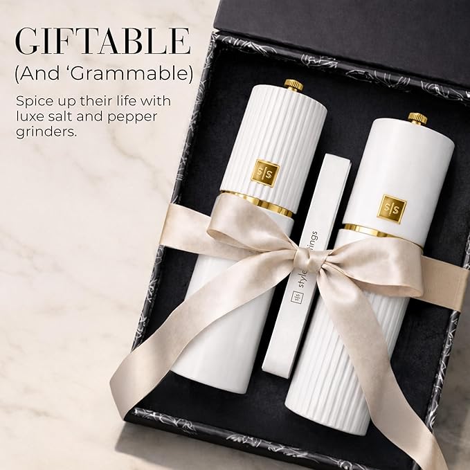 Wooden Salt and Pepper Grinder Set – Refillable Manual Salt and Pepper Mills with Adjustable Ceramic Burrs, Gold Detailing, and Wood Stand – White - Image 6
