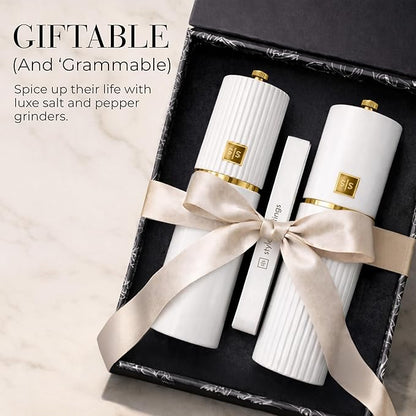 Wooden Salt and Pepper Grinder Set – Refillable Manual Salt and Pepper Mills with Adjustable Ceramic Burrs, Gold Detailing, and Wood Stand – White - Image 6