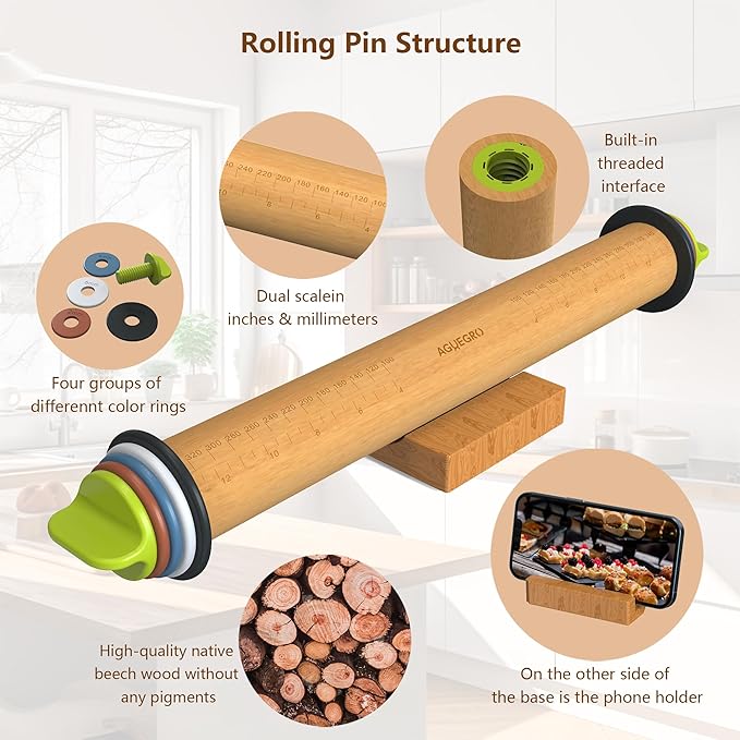 Rolling Pin with Adjustable Thickness Rings and Pastry Baking Mat Dough Thickness for Baking, Fondant, Pizza, Pie, Cookies, Pastries, 13.6" with 4 Multi-Color Thickness Rings and Wooden Stand - Image 8