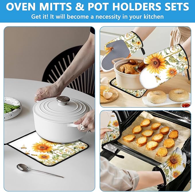 Watercolor Sunflower Oven Mitts and Pot Holders Sets Heat Resistant 4Pcs Busy Bee Potholders Oven Gloves Hot Pads for Kitchen Baking Cooking Grilling BBQ