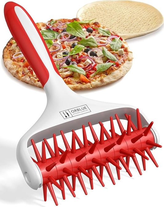 Orblue Pizza Dough Docker, Pastry Roller with Spikes, Pizza Docking Tool for Home & Commercial Kitchen - Pizza Making Accessories that Prevent Dough from Blistering, Red
