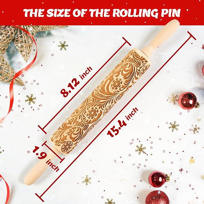 Christmas Gifts Wooden Embossed Rolling Pin for Baking, Stocking Stuffers Gifts for Women, Deep Engraved Embossing Rolling Pins with Snow Pattern Designs for Baking Cookies Stamps Roller DIY Tools - Image 5