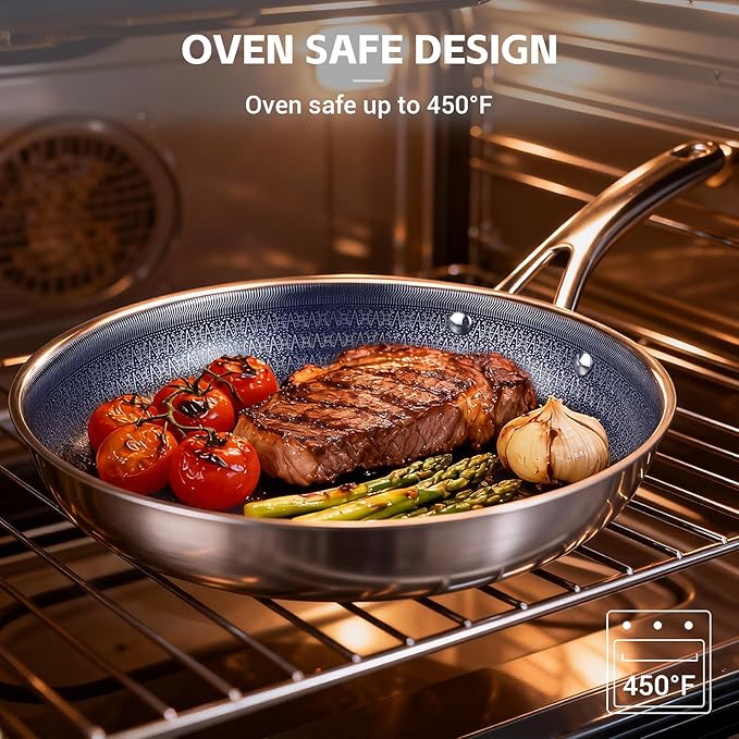 Ammeloo Hybrid Tri-Ply Stainless Steel Frying Pan Set, 8"/9.5"/11" Cooking Pans, Non Stick Frying Pans and Skillets, Chef Pan, Non Toxic, Dishwasher Safe, Induction Compatible, Blue Interior