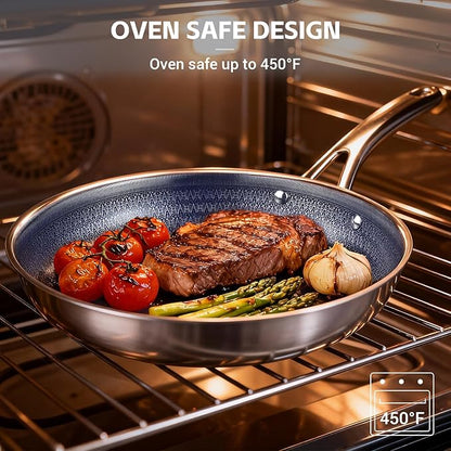Ammeloo Hybrid Tri-Ply Stainless Steel Frying Pan Set, 8"/9.5"/11" Cooking Pans, Non Stick Frying Pans and Skillets, Chef Pan, Non Toxic, Dishwasher Safe, Induction Compatible, Blue Interior