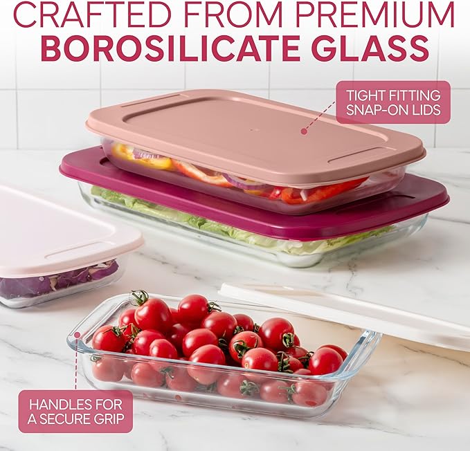 COOK WITH COLOR 8-Piece Deep Glass Baking Dish Set with Plastic Lids – Casserole and Food Storage Containers for Lasagna, Leftovers – Freezer-to-Oven, Microwave & Dishwasher Safe, Rose - Image 5