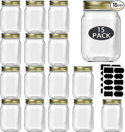 Rainforce 16 oz Mason Jars With Lids Regular Mouth 15 Pack-16 oz Glass Jars with Gold Lids,Bulk Pint Clear Glass Jars For Meal Prep, Food Storage With 20 Labels by Rainforce