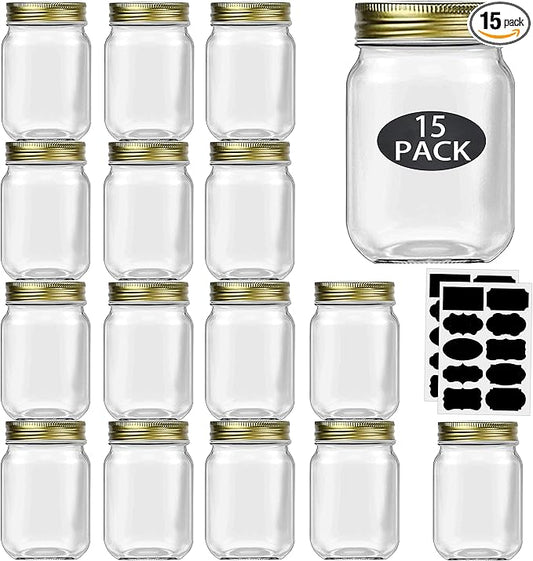 Rainforce 16 oz Mason Jars With Lids Regular Mouth 15 Pack-16 oz Glass Jars with Gold Lids,Bulk Pint Clear Glass Jars For Meal Prep, Food Storage With 20 Labels by Rainforce