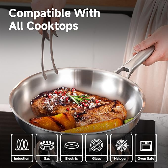 Chef's Frying Pan 12 Inch Set of 2, Tri-Ply Clad Stainless Steel Skillet, Induction Compatible Sauté Pan with Even Heat, Oven & Dishwasher Safe, Professional Restaurant Grade Cookware