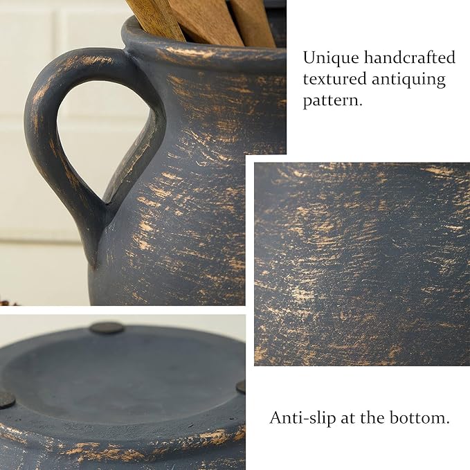 MIYUKI Rustic Kitchen Utensil Holder - 7.6 Inch Ceramic Utensil Crock for Countertop, Vintage Kitchen Counter Decor - Image 3