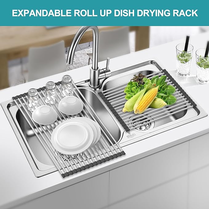 Extra Large Expandable Roll Up Dish Drying Rack,Over The Sink Drying Rack Sink Cover Kitchen Sink Accessories Kitchen Rolling up Stainless Steel Drainer, Foldable,Rollable（Black，25.1''-12.4''） - Image 4