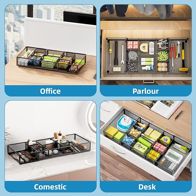 Marbrasse Expandable Desk Drawer Organizer, Mesh Drawer Organizer Tray with 10 Adjustable Compartments, Desk Organizers and Accessories for Office Supplies (Longer Expandable Drawer Organizer-B) - Image 4