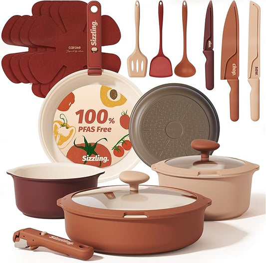 CAROTE 22 Pcs Non Stick Pots and Pans Set, Boho Ceramic Cookware Set Detachable Handle,Non Toxic Induction Kitchen Cookware Removable Handles, RV Cookware Set, Oven Safe, Mothers Day Gifts