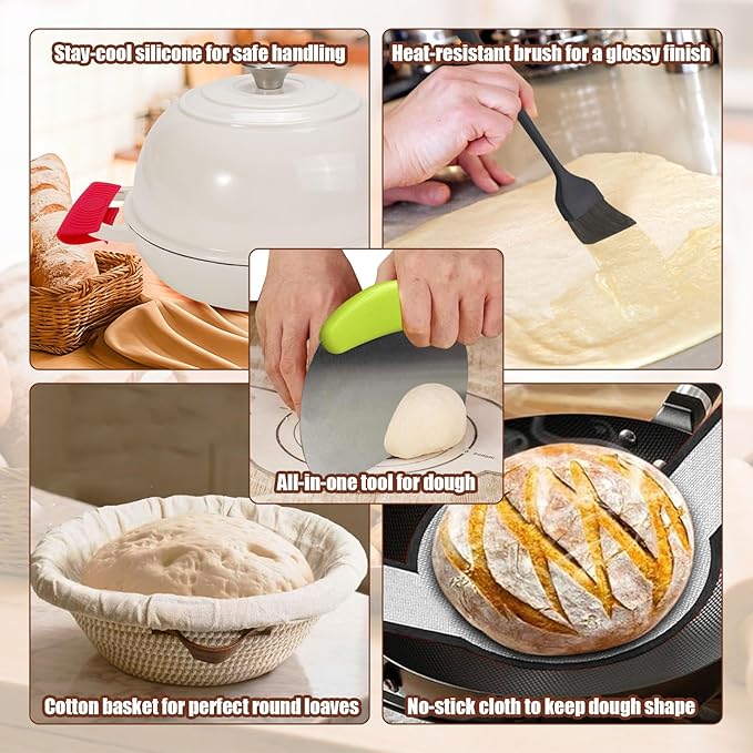 6QT Enameled Cast Iron Dutch Oven for Bread Baking – Sourdough Starter Kit with Cotton Basket, Bread Sling, Lame, Brush & Handle Cover – Multi-Purpose Pot for Baking, Frying, Braising – White