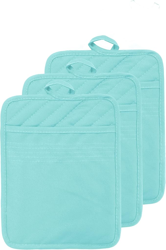 Oven Pot Holder with Pocket Cotton Heat Resistant Coaster Potholder Kitchen Hot Pad Oven Mitts for Cooking Square 7"x9" Set of 3 (Aqua) by VEIKERY