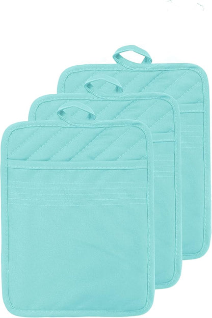 Oven Pot Holder with Pocket Cotton Heat Resistant Coaster Potholder Kitchen Hot Pad Oven Mitts for Cooking Square 7"x9" Set of 3 (Aqua) by VEIKERY