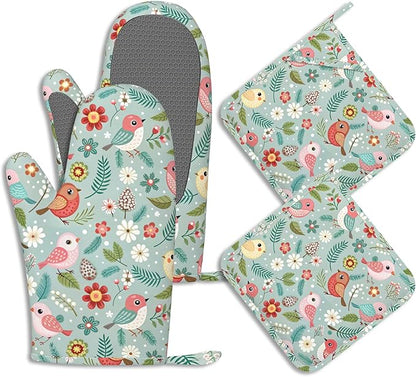 Birds Floral Potholders & Oven Mitts Sets Colourful Flowers Silicone Heat Resistant Oven Mits and Hot Pads Non-Slip Pot Holders Gloves for Kitchen Chef Cooking Baking Grilling BBQ